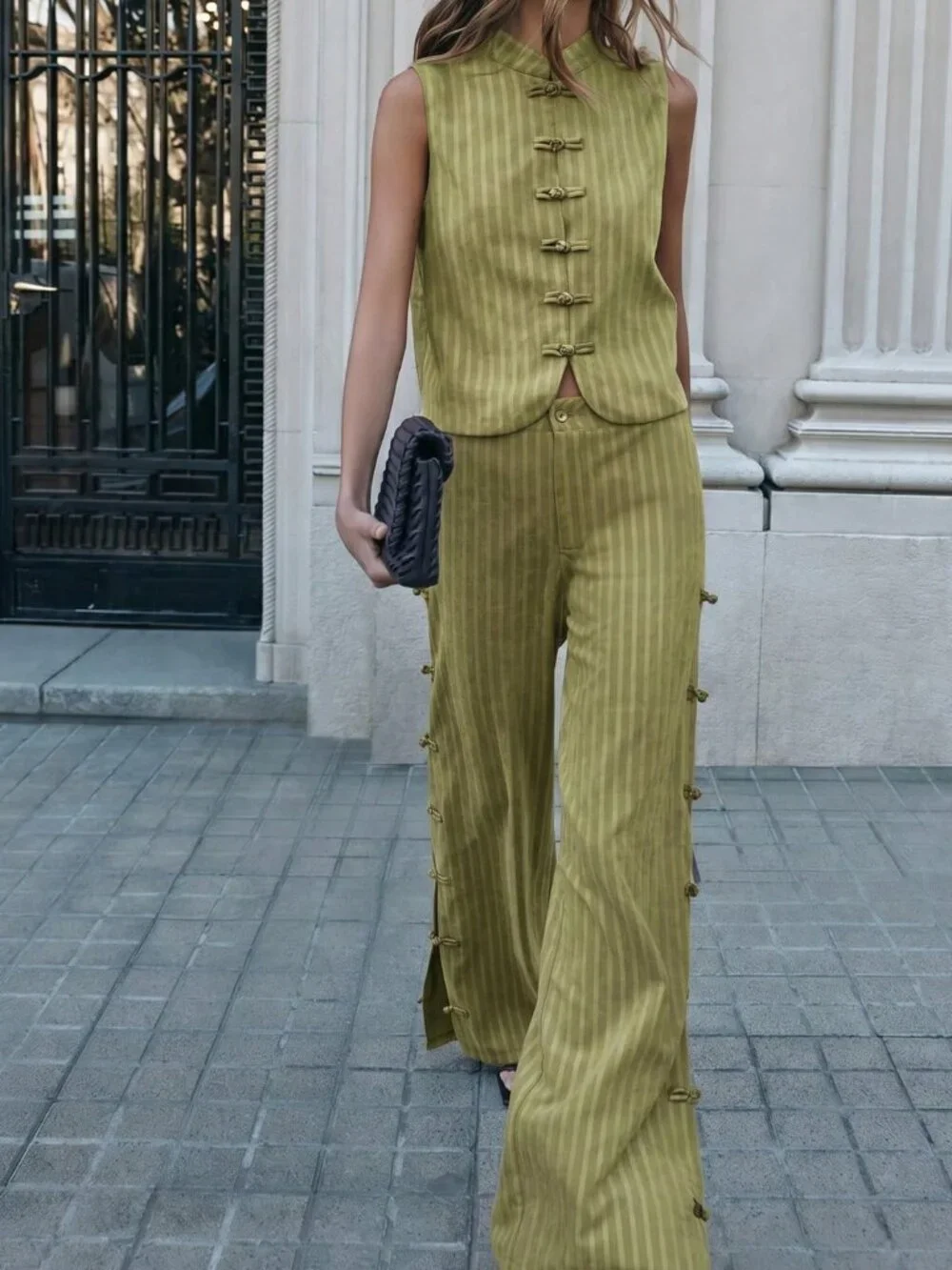 Green Casual Women's Sleeveless Vest And Wide-Leg Pants Set